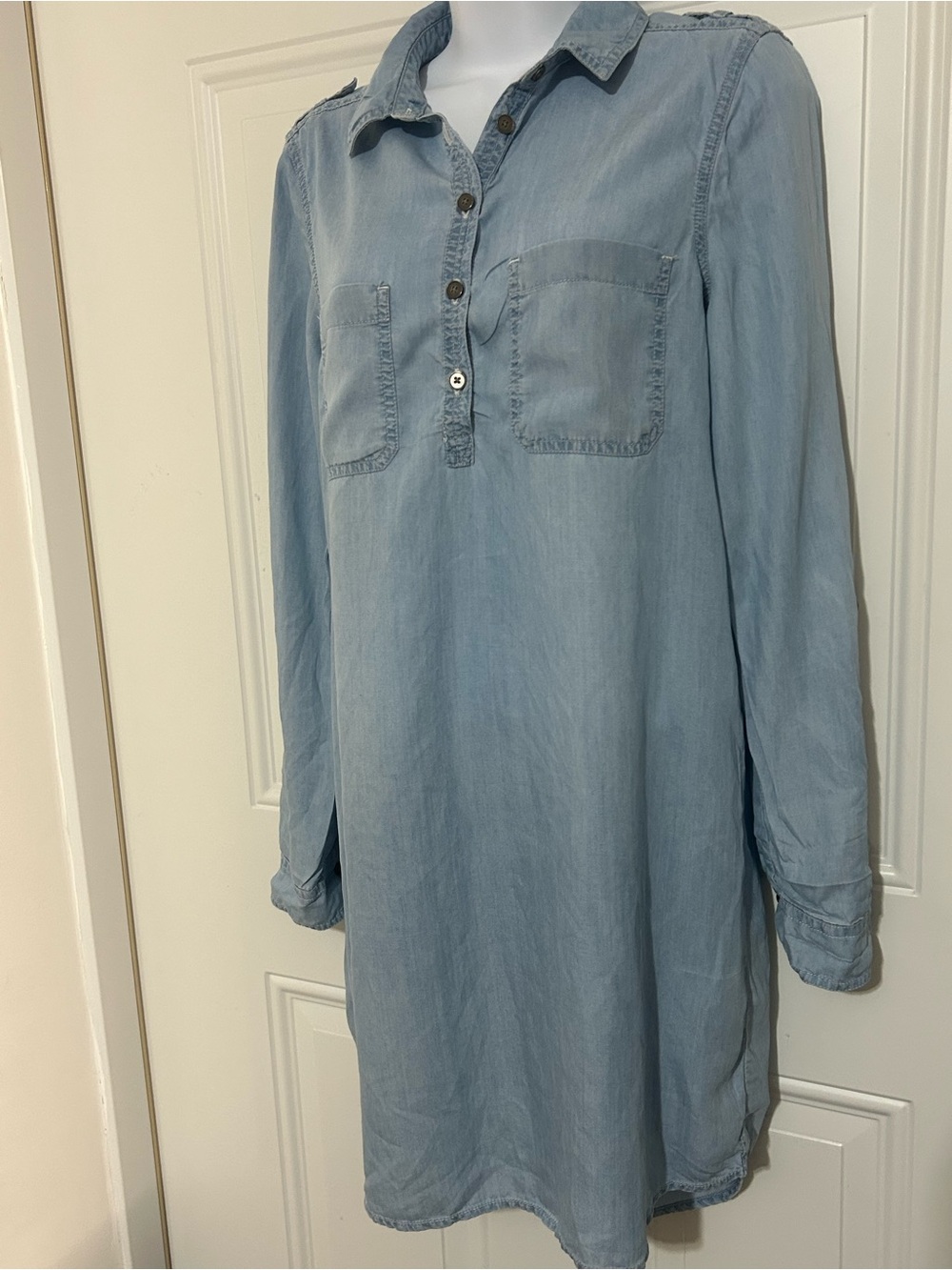 SO Light Blue Long Sleeve Chambray Shirt Dress